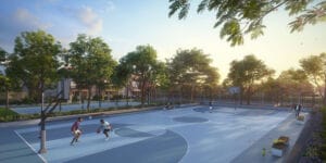 Residents playing basketball at Allure Avani outdoor sports court