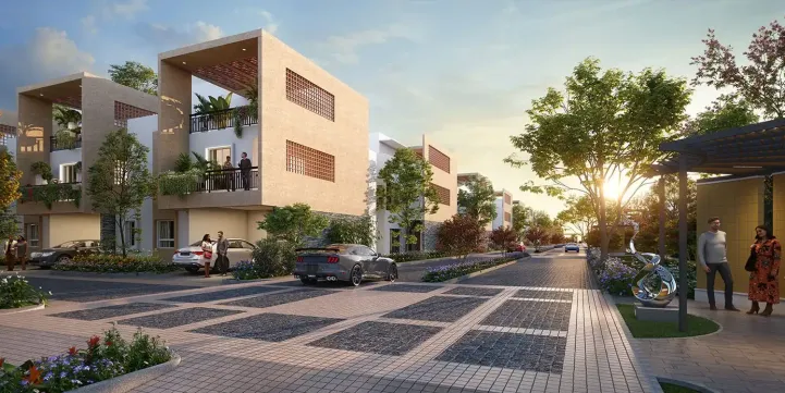 Modern residential villas at Allure Avani with landscaped pathways and parked cars
